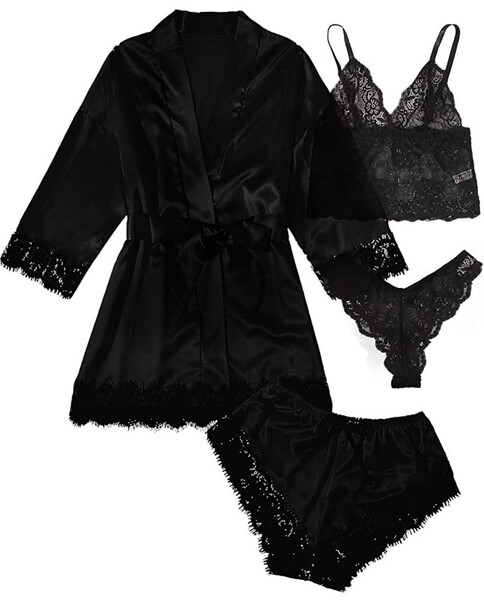 European Women's Lace Sleepwear Set - Sexy Matching 4-Piece Pajama Set for Plus Size & Curvy Women - black