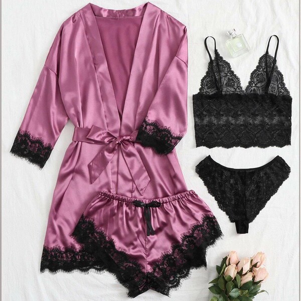European Women's Lace Sleepwear Set - Sexy Matching 4-Piece Pajama Set for Plus Size & Curvy Women - Purple