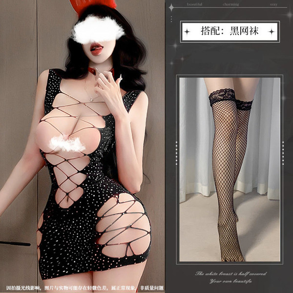 Red Lace Temptation Bodysuit Set - Sparkling Rhinestone Sheer Mesh Lingerie Outfit for Passionate Nights - Black + Black Fishnet Stockings