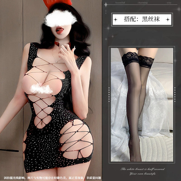 Red Lace Temptation Bodysuit Set - Sparkling Rhinestone Sheer Mesh Lingerie Outfit for Passionate Nights - Black + black stockings