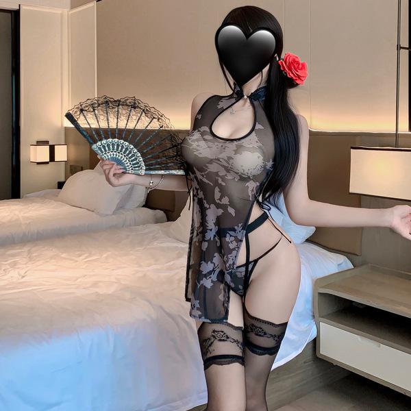 Sensual chinese-inspired sheer high-slit modern qipao set featuring floral lace details and ink wash design, perfect for eleg...