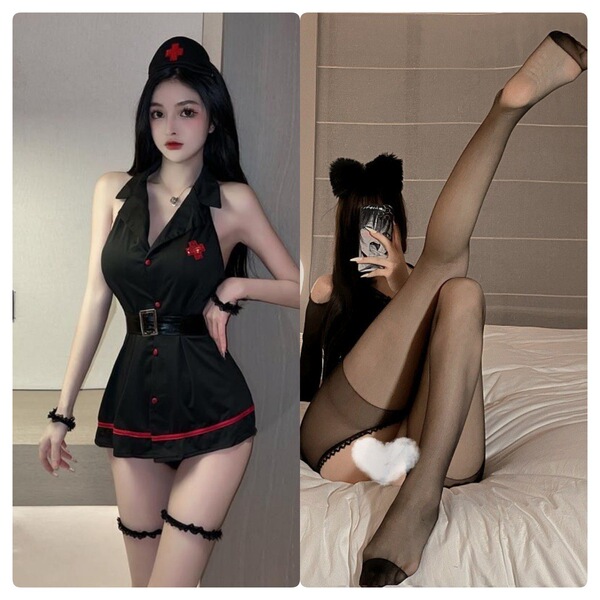 Sexy Nurse Costume Set - Black & White Cosplay Outfit with Lingerie for Role Play, Adult Costume Wholesale - Black + Black Open Crotch Tights