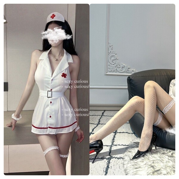 Sexy Nurse Costume Set - Black & White Cosplay Outfit with Lingerie for Role Play, Adult Costume Wholesale - White + white fishnet stockings
