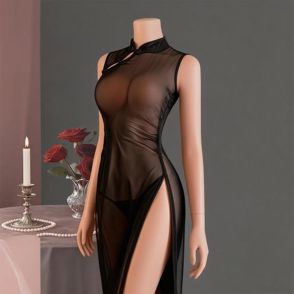A woman wearing a sheer lace cheongsam sleepwear, featuring a long slit and elegant design, displayed beside roses and a cand...