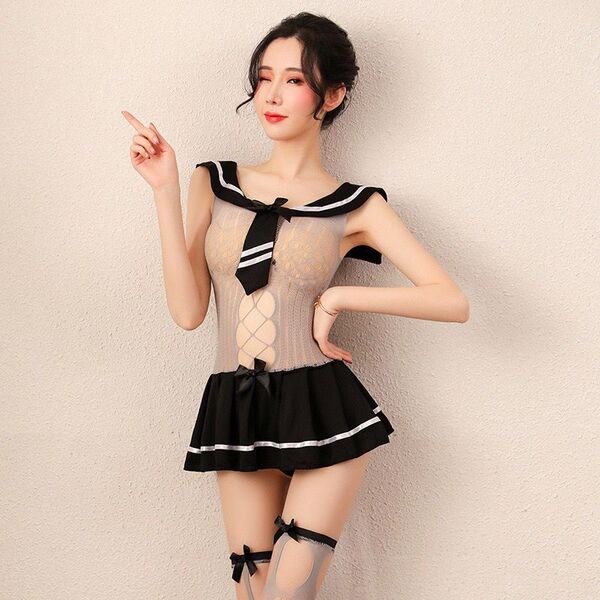 Qingran Sexy Mesh Lingerie Set - Cute Student Uniform Role Play Bodysuit for Women - 631 Black