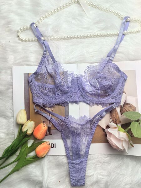 Sexy Lace Trim Bodysuit - Slim-Fit Cross-Border Party Crop Top & Bra Set - Light purple