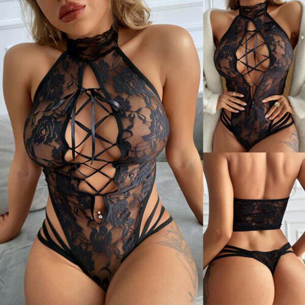 Sexy lace bodysuit featuring intricate cut-outs and ties, offering sheer allure and elegant design.