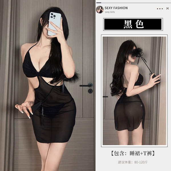 Pure & Seductive Lace Bodysuit Dress - French-Style Cutout Wrap Mini Dress with Neck Tie, No-Remove Set for Women - black