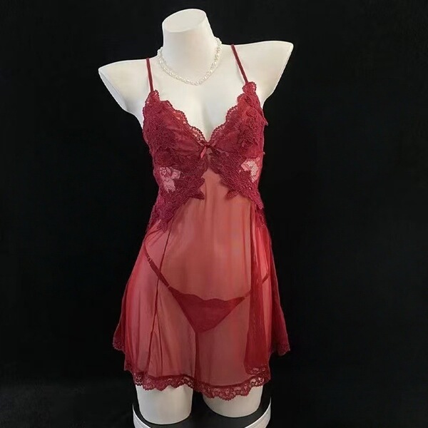 Domoila Sexy Lace Deep V Sleep Dress Set – Sheer Mesh Robe & Matching Lingerie for Women - Wine Red