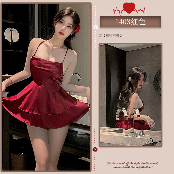French Style Summer Sleepwear for Women - Silk-Like Satin Tie-Back Sexy Cami Nightdress Set - red