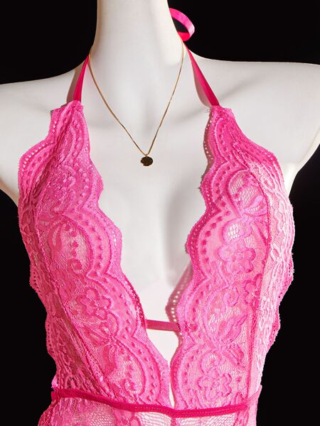 Plus Size Lace Bodysuit with Cut-Outs & Halter Neck - Sheer Seductive Sleepwear for Women - pink