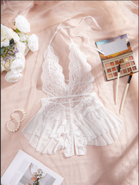 Plus Size Lace Bodysuit with Cut-Outs & Halter Neck - Sheer Seductive Sleepwear for Women - White