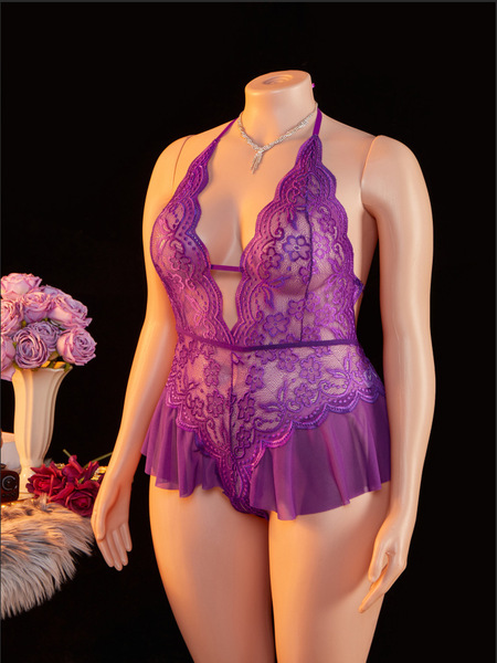 Plus Size Lace Bodysuit with Cut-Outs & Halter Neck - Sheer Seductive Sleepwear for Women - Purple