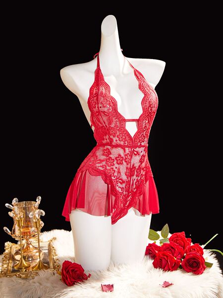 Plus Size Lace Bodysuit with Cut-Outs & Halter Neck - Sheer Seductive Sleepwear for Women - Claret