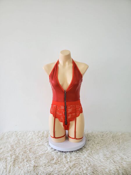 Sexy PU Lace Deep V Neck Bodysuit -European and American-Style Zipper Hook-and-Loop Bondage Lingerie Set for Women - red