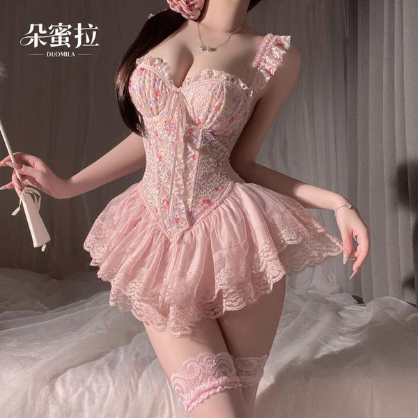 Womens small bust push-up lace corset top featuring floral print, sweet and sexy design with built-in pads for shapewear.