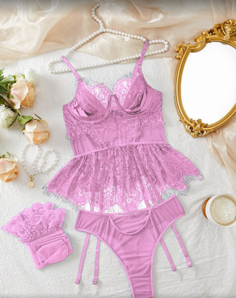 Lace Sexy Bunny Girl Outfit Set – 3-Piece Europe and America-Style Bra, Garter Belt & Thong with Underwire Support - pink