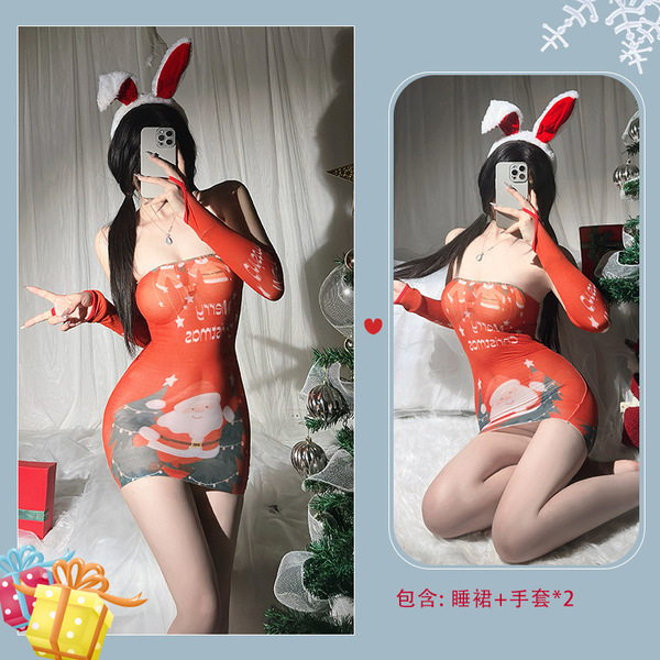 Sexy Christmas Bunny Girl Costume Set - Festive Erotic Lingerie Outfit for New Year's Eve & Holiday Parties - (6399 Wine Red)
