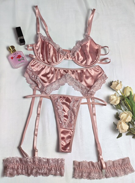 Premium Lace Push-Up Bra Set - Sexy Thong & Tied-Strap Lingerie Set for Women - pink