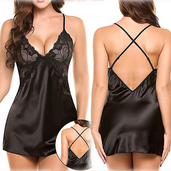 Sexy European-Style Lace Sleep Dress Set with Crisscross Back Straps – Breathable Imitation Silk Intimate Nightwear - black