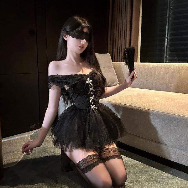 Elegant black lace teddy set with sheer tulle skirt and stockings, perfect for women seeking pure yet forbidden allure.