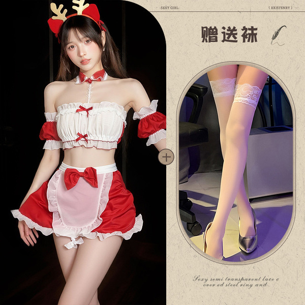Pure & Playful Christmas Maid Outfit - Strapless Sexy Lingerie Set with Cheeky Cutout, Cute Sweetheart Costume - Image color + white stockings
