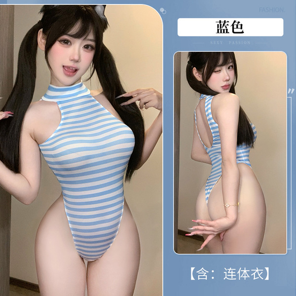 Pure & Tempting Japanese-Style Lingerie Bodysuit - Open-Crotch Sleepwear Set for Sensual Comfort - Blue + 6515 blue matching socks