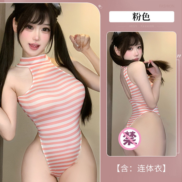 Pure & Tempting Japanese-Style Lingerie Bodysuit - Open-Crotch Sleepwear Set for Sensual Comfort - Pink + 6515 Pink Same Style Socks