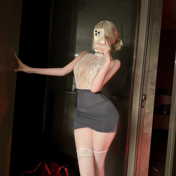 Starry night seductive lingerie set featuring a sheer lace bodice, black bodycon skirt, and elegant stockings, perfect for a ...