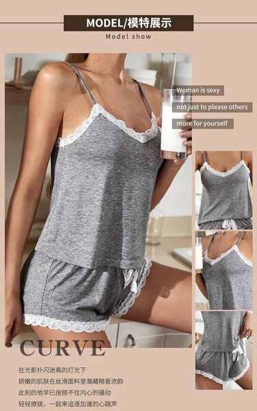 Sexy Summer Sleepwear Set for Women – Sleeveless Lace Tank & Matching Shorts Pajama Set, Trendy Lounge & Intimate Wear - grey
