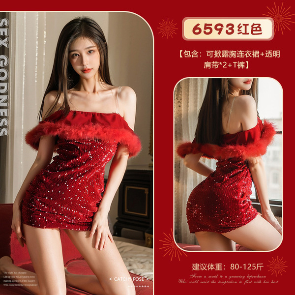 New Year Off-Shoulder Cutout Sequin Dress - Sexy Lingerie Set & Seductive Costume Outfit - 6593 Red [Dress + 2 Sheer Bra Straps + Thong]