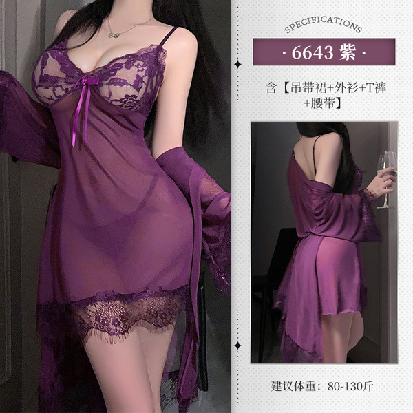Premium Lace Lingerie Set - Sexy Sheer Costume Sleepwear for Cosplay & Date Night Fun - 6643 Purple [Slip Dress + Outerwear + T-shirt + Belt]