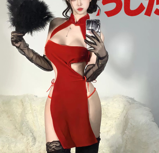 Snowman-Themed Sexy Lingerie Bikini Set - White Fuzzy Christmas Costume for Cosplay & Holiday Parties - 6701 Red