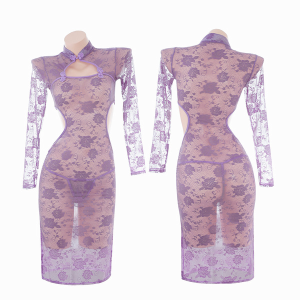 Feimu purple lace cheongsam lingerie - sheer seductive sexy pure-delight erotic outfit 6722, featuring elegant floral pattern...