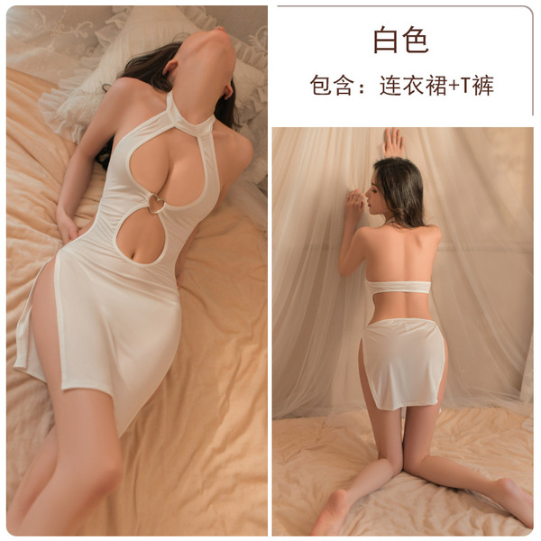 Sexy Lace Cheongsam Nightgown Set - Seductive Open-Cut Slit Dress with Sheer Panels & Busty Reveal - White