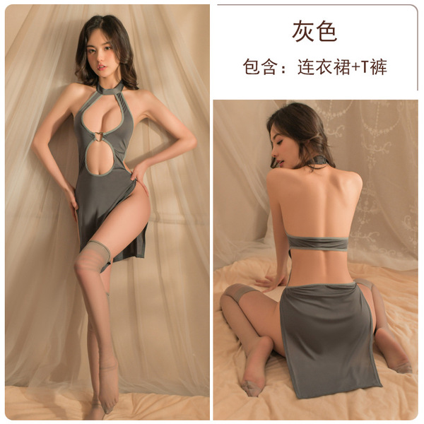 Sexy Lace Cheongsam Nightgown Set - Seductive Open-Cut Slit Dress with Sheer Panels & Busty Reveal - grey