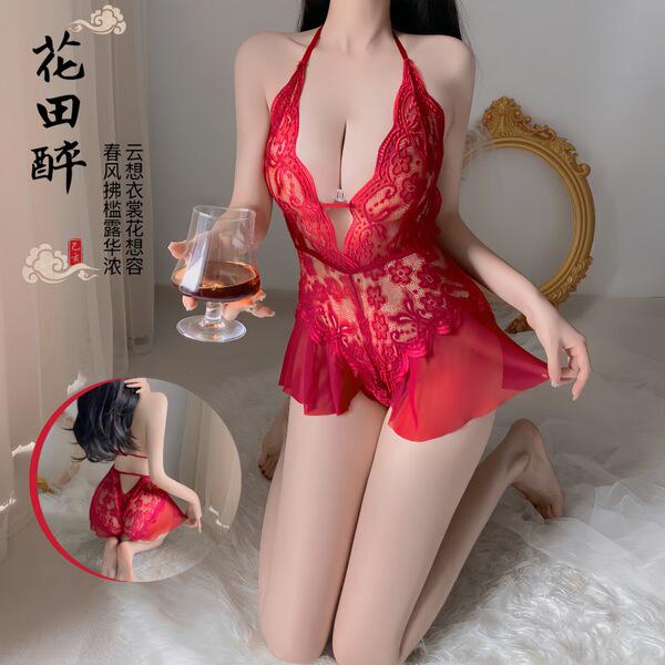 Sexy red lace bodysuit with sheer cutouts, perfect for womens sleepwear sets featuring an open-crotch design and uniform styl...