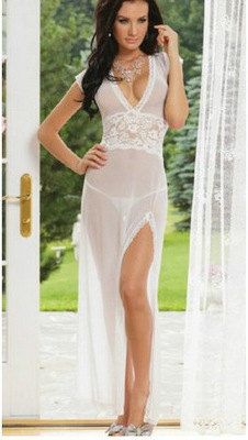 European-Style Sheer Lingerie Set – Sexy Transparent Mesh Sleep Dress in White, Medium Size - White