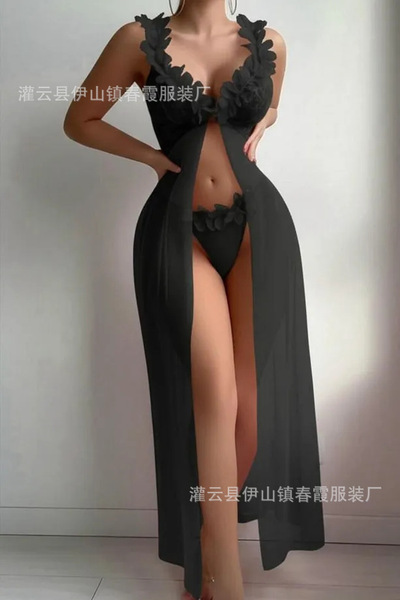 2026 Sheer Lace Long Slip Dress – Sensual Mesh Backless Nightgown & Lingerie Set for Women - black