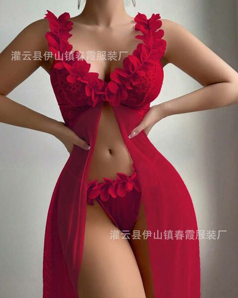 2026 Sheer Lace Long Slip Dress – Sensual Mesh Backless Nightgown & Lingerie Set for Women - red