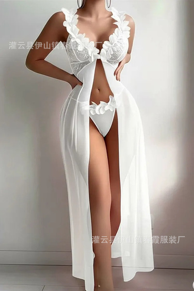 2026 Sheer Lace Long Slip Dress – Sensual Mesh Backless Nightgown & Lingerie Set for Women - White