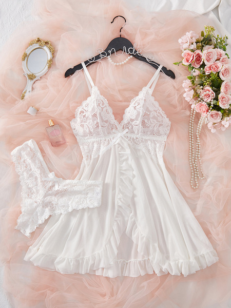 Sexy Lace Sleepwear Set for Women – High-Slit Matching Nightwear Two-Piece, Elegant & Flirty Lingerie-Inspired Pajamas - White