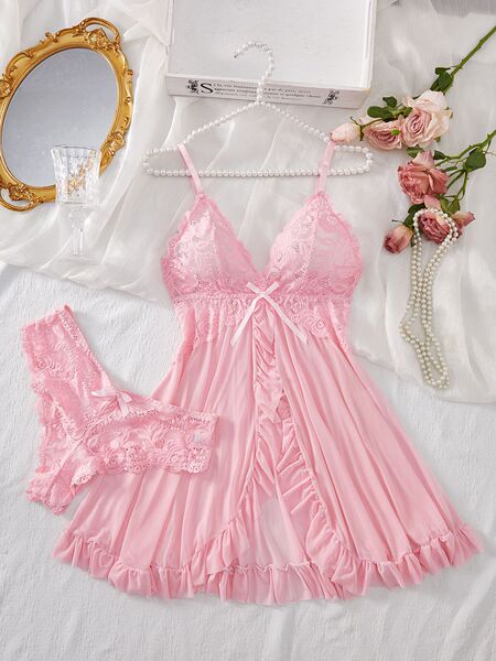 Sexy Lace Sleepwear Set for Women – High-Slit Matching Nightwear Two-Piece, Elegant & Flirty Lingerie-Inspired Pajamas - pink