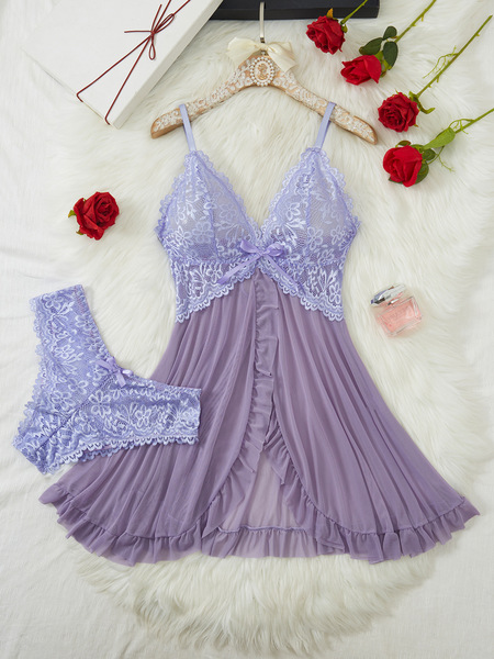 Sexy Lace Sleepwear Set for Women – High-Slit Matching Nightwear Two-Piece, Elegant & Flirty Lingerie-Inspired Pajamas - Light purple