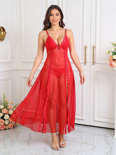 Elegant Sheer-Back Long Nightgown Set - Sexy Split-Front Lingerie Dress for Women - red