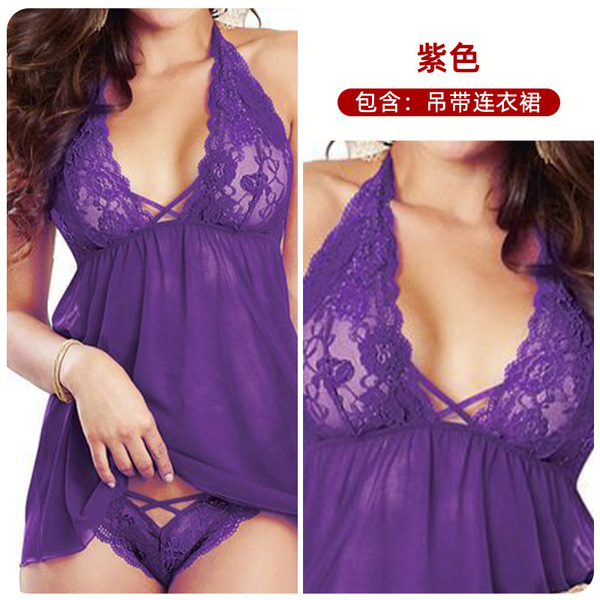 Sexy Halter Lace Mesh Lingerie Set for Plus Size Women - 200+ lbs (Erotic Underwear for European and American Exports) - Purple