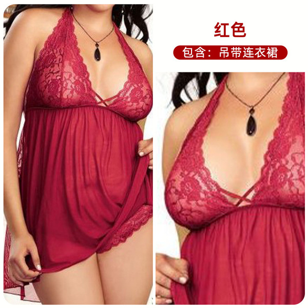 Sexy Halter Lace Mesh Lingerie Set for Plus Size Women - 200+ lbs (Erotic Underwear for European and American Exports) - red