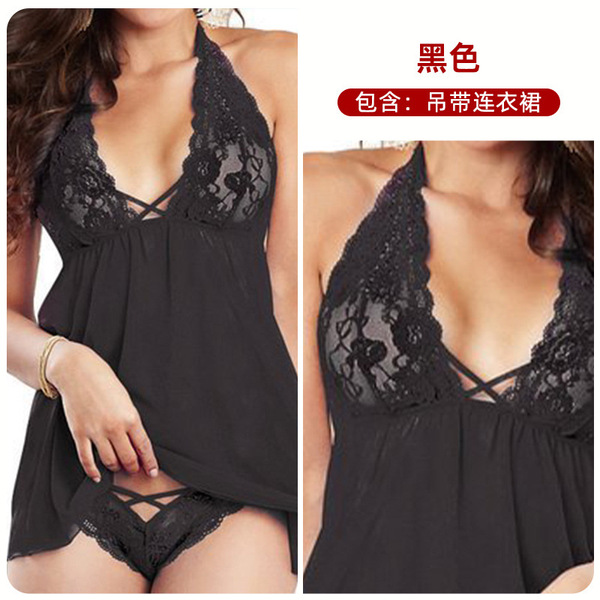 Sexy Halter Lace Mesh Lingerie Set for Plus Size Women - 200+ lbs (Erotic Underwear for European and American Exports) - black