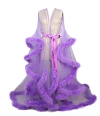 Sexy Feather Sheer Nightgown -European and American Style Long Sleeve Lace Trim Sleep Dress with Flared Sleeves & Train - Purple
