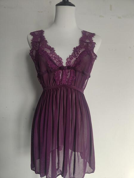Long Night Lace Sleep Dress for Women – Sheer Sexy Split-Back Sensual Nightgown,Europe and America-Inspired Tempting Lin - Purple